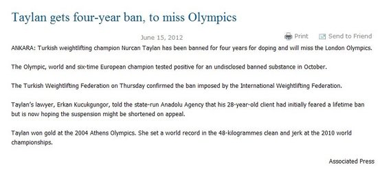 土耳其举重冠军服药遭禁赛 确定无缘伦敦奥运