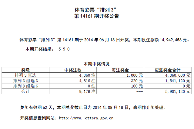 体彩排三第14161期开奖公告：开奖号码550