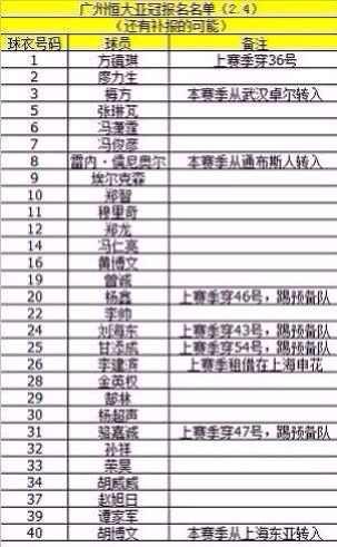 恒大亚冠名单最完全版 刘健赵鹏秦升无缘(图)