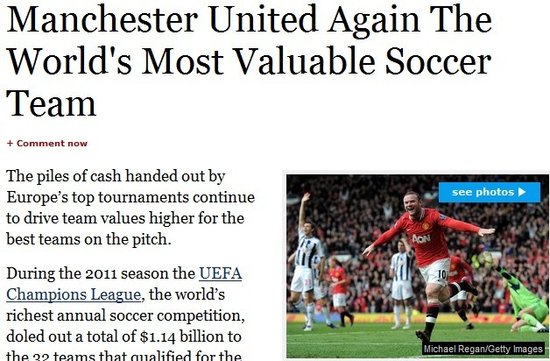 福布斯俱乐部价值榜:曼联8度蝉联 皇马压巴萨