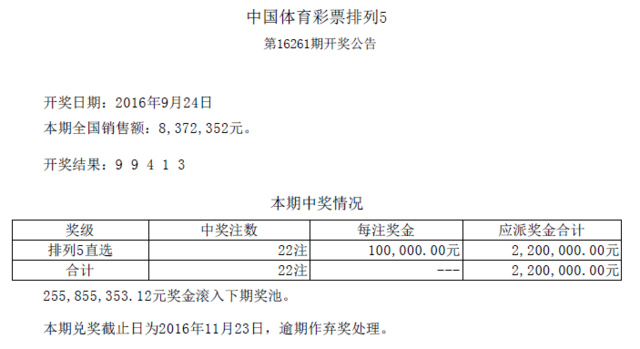 排列五第16261期开奖公告:开奖号码99413