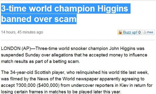 希金斯赌球引发全球媒体热议 职业生涯恐告终