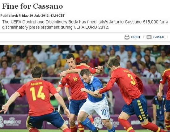 欧足联宣布处罚卡萨诺 一句话遭罚15000欧！