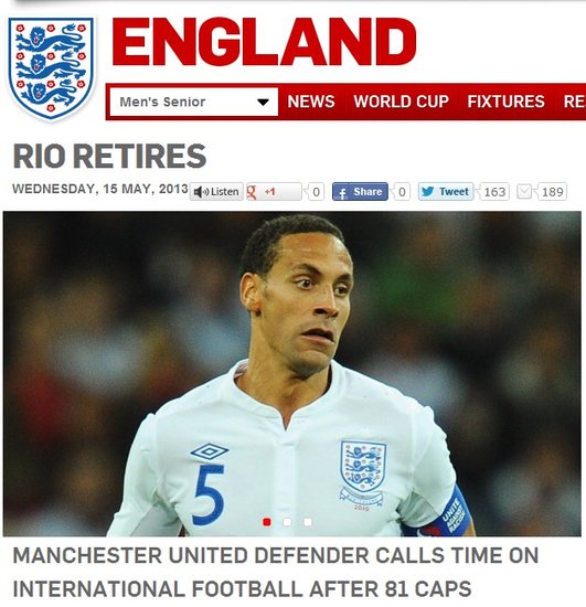 英足总官方宣布:费迪南德正式退出英格兰队