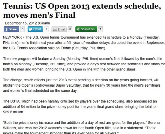 2013美网奖金增加400万 赛程加长决赛顺延1天