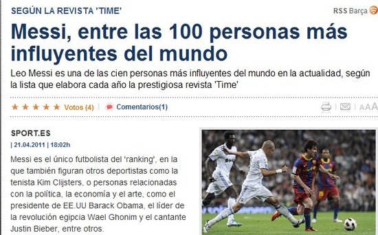 梅西入选全球最有影响力百人榜 足坛唯一代表