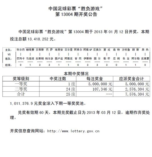 胜负彩004期开奖:日耳曼平局 头奖1注500万-重