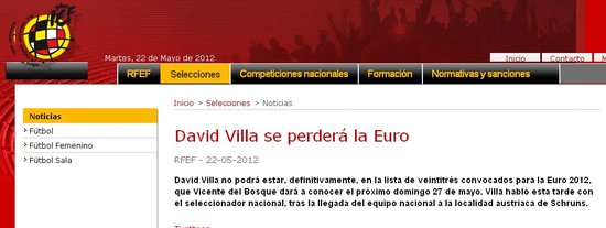 西班牙足协宣布噩耗 比利亚终无缘欧洲杯名单