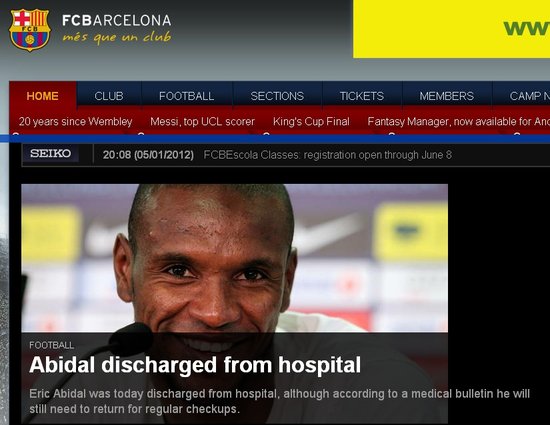 巴萨官方宣布阿比达尔出院 肝斗士：感谢大家