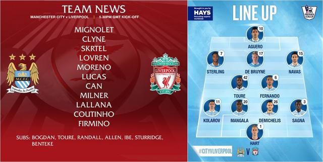 曼城VS利物浦首发:阿圭罗突前 斯图里奇替补