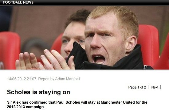 曼联宣布斯科尔斯再踢1年 助攻王获赛季最佳