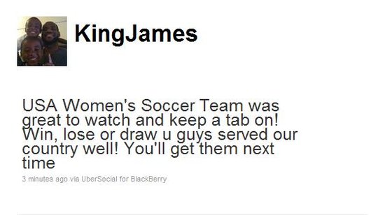 詹姆斯安慰美国女足：姑娘们下一次会夺冠