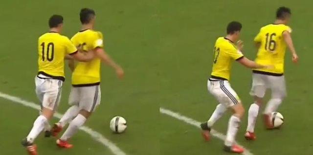 裁判也爱小鲜肉?J罗推倒队友反被判获任意球