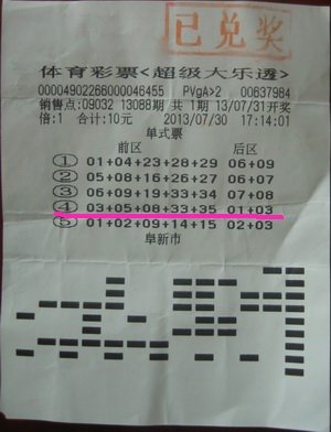 开奖号码为"03 05 08 33 35 01 03,这组幸运数字缔造了当期大乐透37