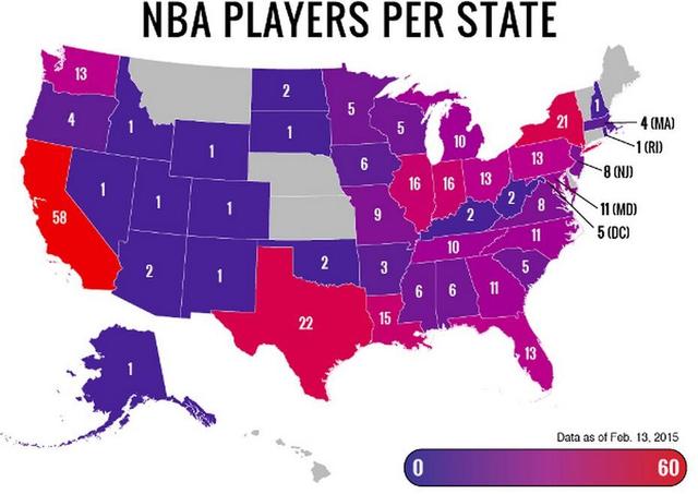 NBA球员哪州强?揭秘美国52个州现役球员分布