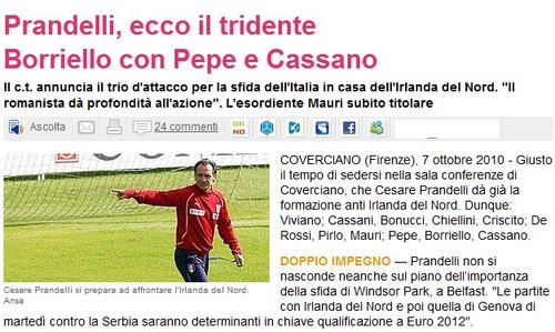 意大利公布欧预赛首发 卡萨诺博列洛领三叉戟
