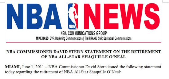 斯特恩代表NBA向奥胖致谢 感谢鲨鱼19年奉献