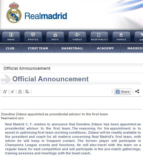 皇马官网任命齐祖顾问 跟随一线队做穆帅桥梁