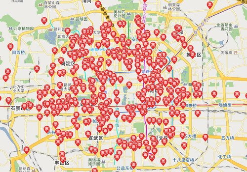 图为：北京市内390个火车票代售点分布图(腾讯科技配图)