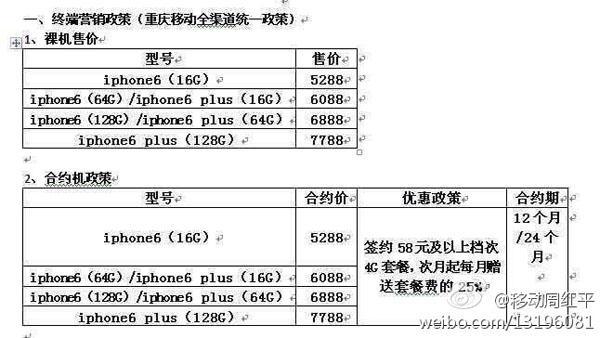 中国移动版iPhone 6合约曝光：5288元起