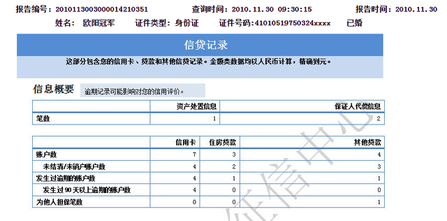 (图注:央行信用报告样本图) (图注:央行信用报告样本图)
