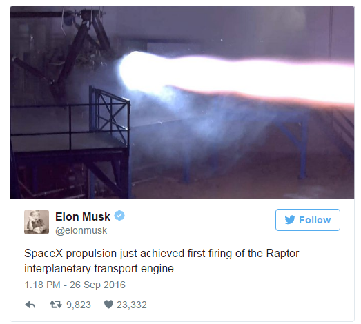 SpaceX首次试车用于载人火星任务的猛禽火箭发动机