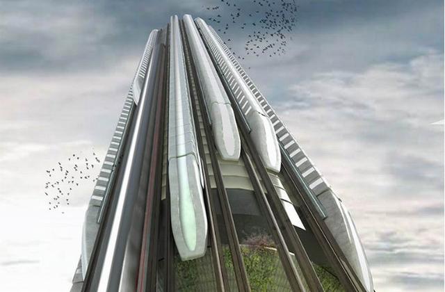 英最新设计高速列车在摩天大楼一侧垂直运行