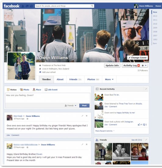 Facebook试验新个人页面:配置单栏时间线