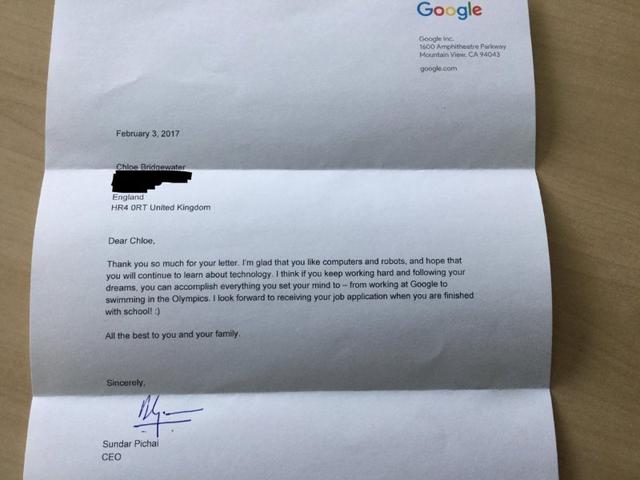 7岁女孩写信向谷歌求职 CEO皮查伊亲自回复予以鼓励