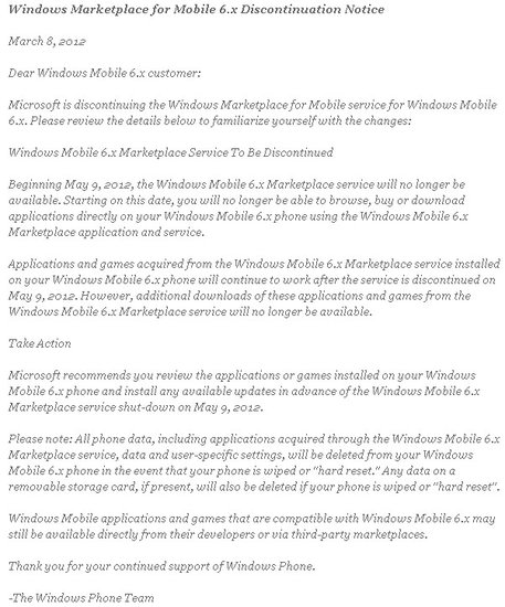 微软Windows Mobile应用商店5月9日正式关闭
