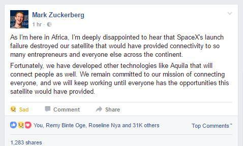 SpaceX火箭意外炸毁Facebook卫星 小扎极度失望