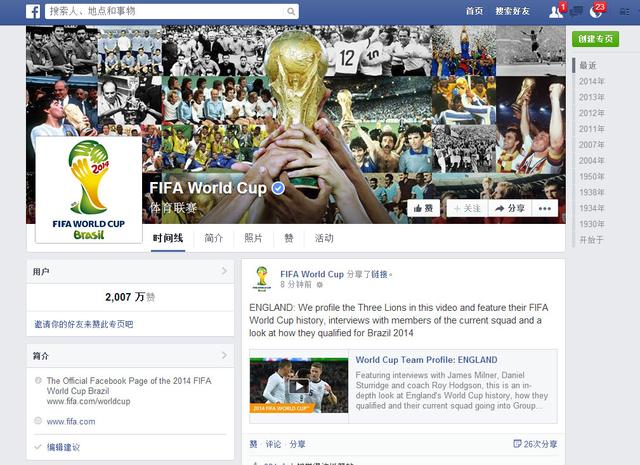 Facebook称坐拥5亿球迷 将直播巴西世界杯