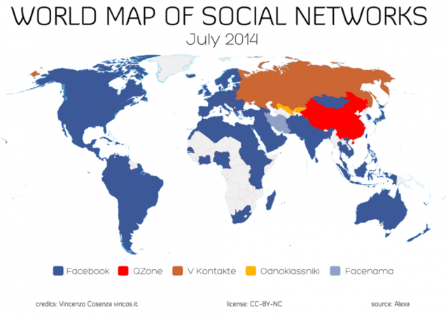 Facebook社交战略图：只差7个国家和地区就征服全球