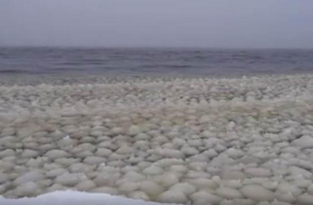 美国一处湖泊出现“雪球波浪”