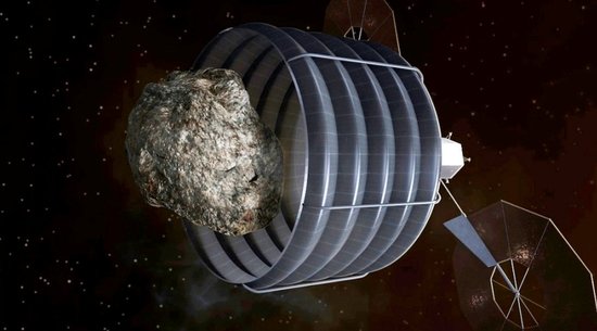 美国宇航局科学家设计的捕获小行星装置，是一个巨大的环形容器，通过无人驾驶飞船将小行星拖至月球轨道上，未来100年内人类可深入研究小行星