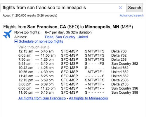 谷歌宣布在搜索结果中增加航班信息(图)