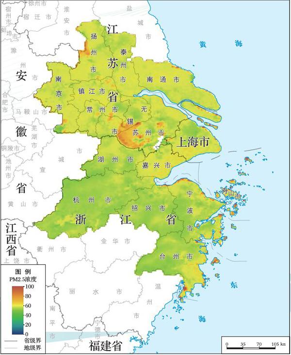"十二五"期间长三角地区5 年平均pm2.5浓度空间分布