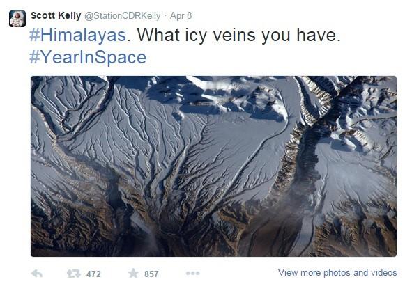图片来自斯考特· 凯利的个人Twitter账号：从太空中俯瞰的喜马拉雅山脉