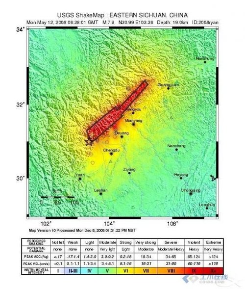 阪神地震的图片,最后两幅是汶川地震和日本地震烈度对比,越红的表示