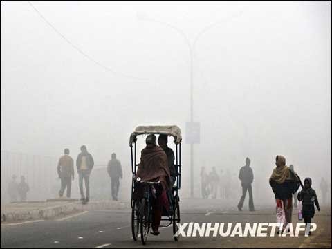 印度新德里大雾弥漫 数百架航班受影响_国外天