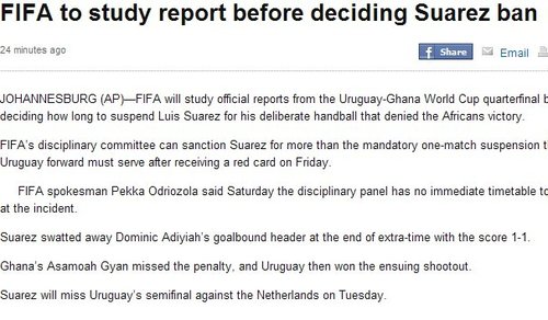苏亚雷斯手球红牌情节恶劣 FIFA将追加其禁赛