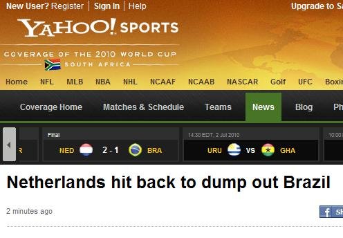 雅虎体育:斯内德罗本最大功臣 巴西自乱阵脚