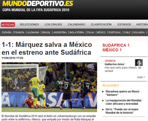 世界体育报:南非墨西哥平局 法国乌拉圭获利_