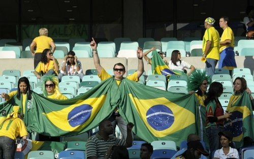 图文:葡萄牙VS巴西 球迷披国旗助阵_2010南非世界杯