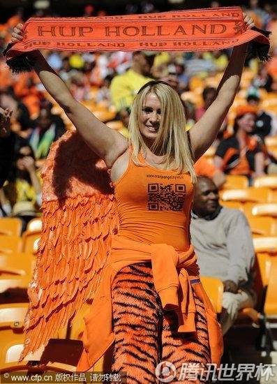 图文:荷兰VS丹麦 美女球迷高举标语_2010南非