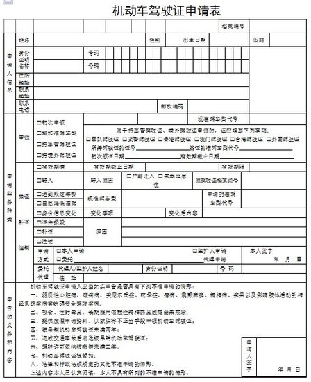 机动车驾驶人报名须知(申请表)