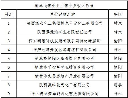 2017年榆林市民营企业主营业务收入百强