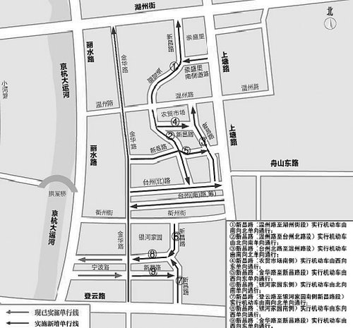 其中:金华路(登云路至湖州街段)由南向北单向通行;台州(北)路(金华路