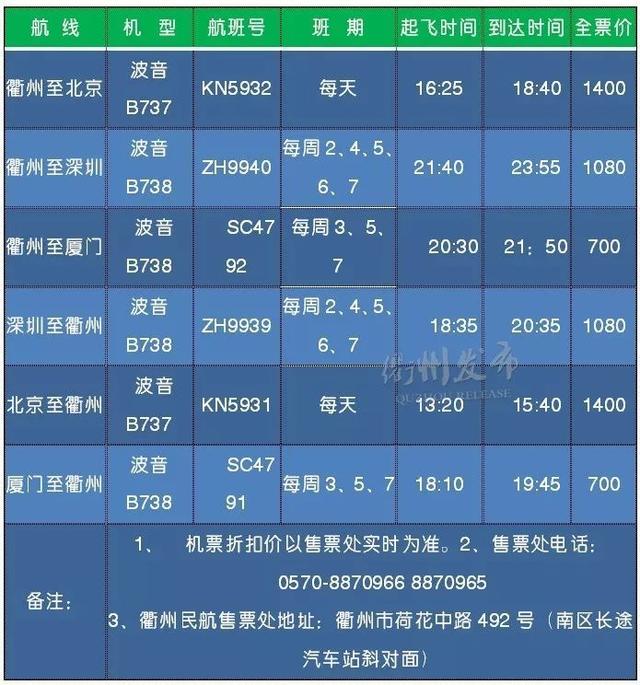 10月29日起 衢州民航航班时间表有调整