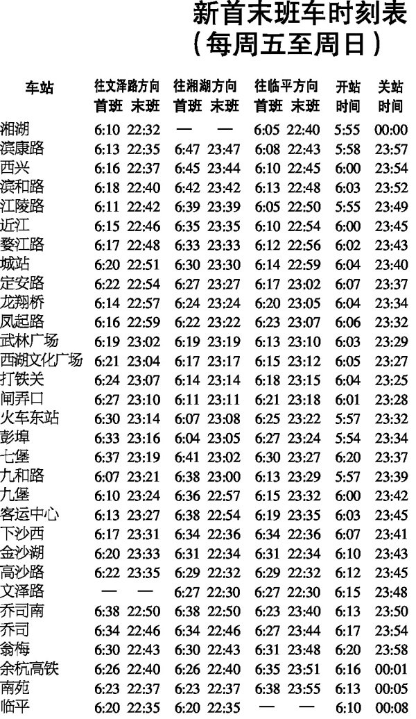 杭州地铁1号线延长运营时间 周末末班车22:30